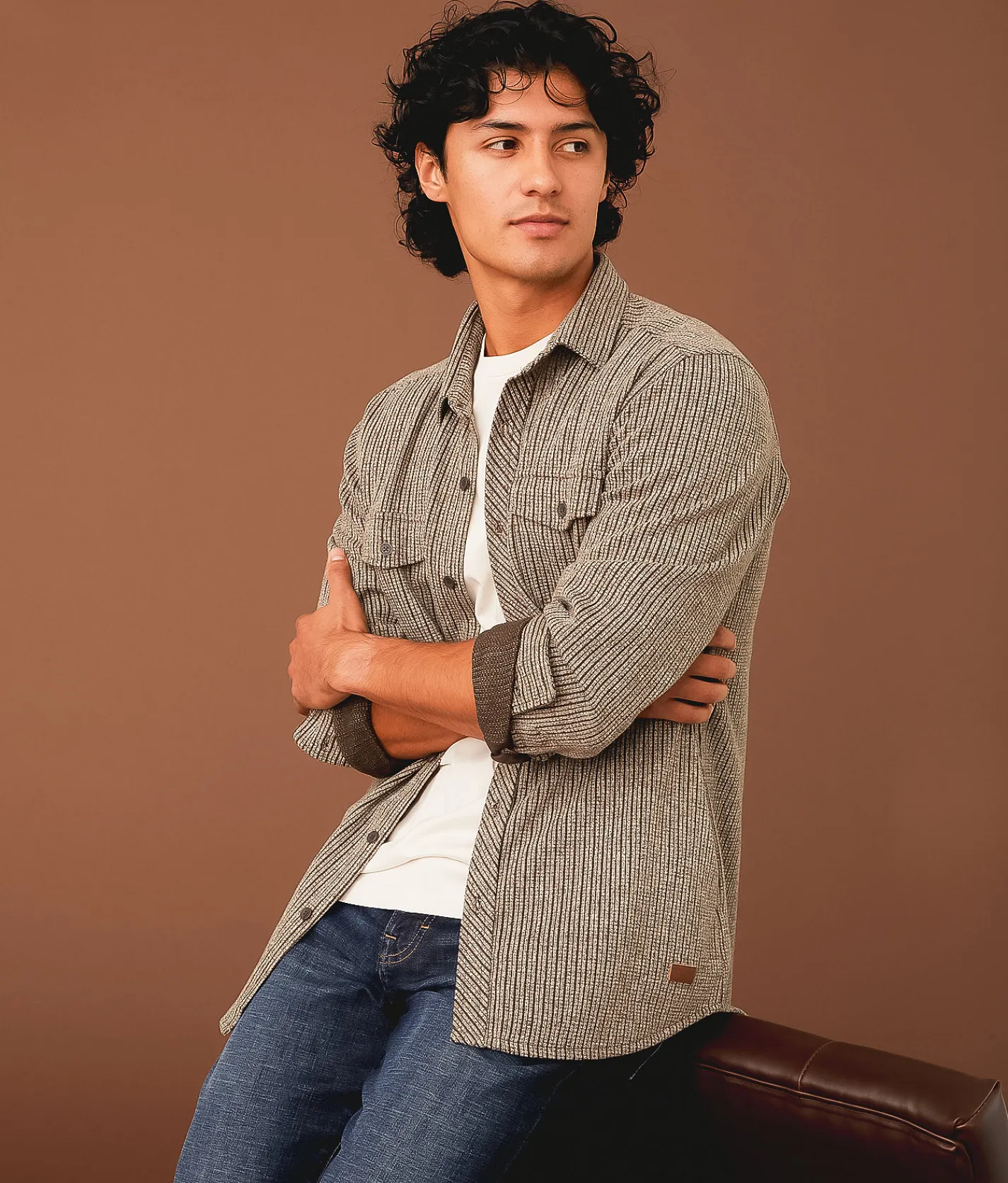 Outpost Makers Textured Athletic Knit Shirt Brown Cream Sale