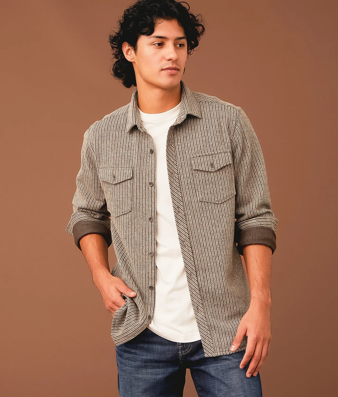 Outpost Makers Textured Athletic Knit Shirt Brown Cream Sale