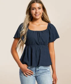 Tops | Daytrip Textured Back Tie Peplum Top Navy