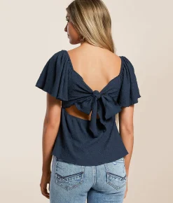 Tops | Daytrip Textured Back Tie Peplum Top Navy