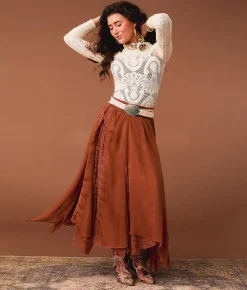 Bottoms | Gimmicks Textured Chiffon Lace Trim Midi Skirt Copper Brown