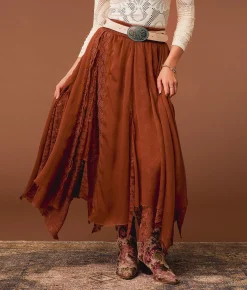 Bottoms | Gimmicks Textured Chiffon Lace Trim Midi Skirt Copper Brown