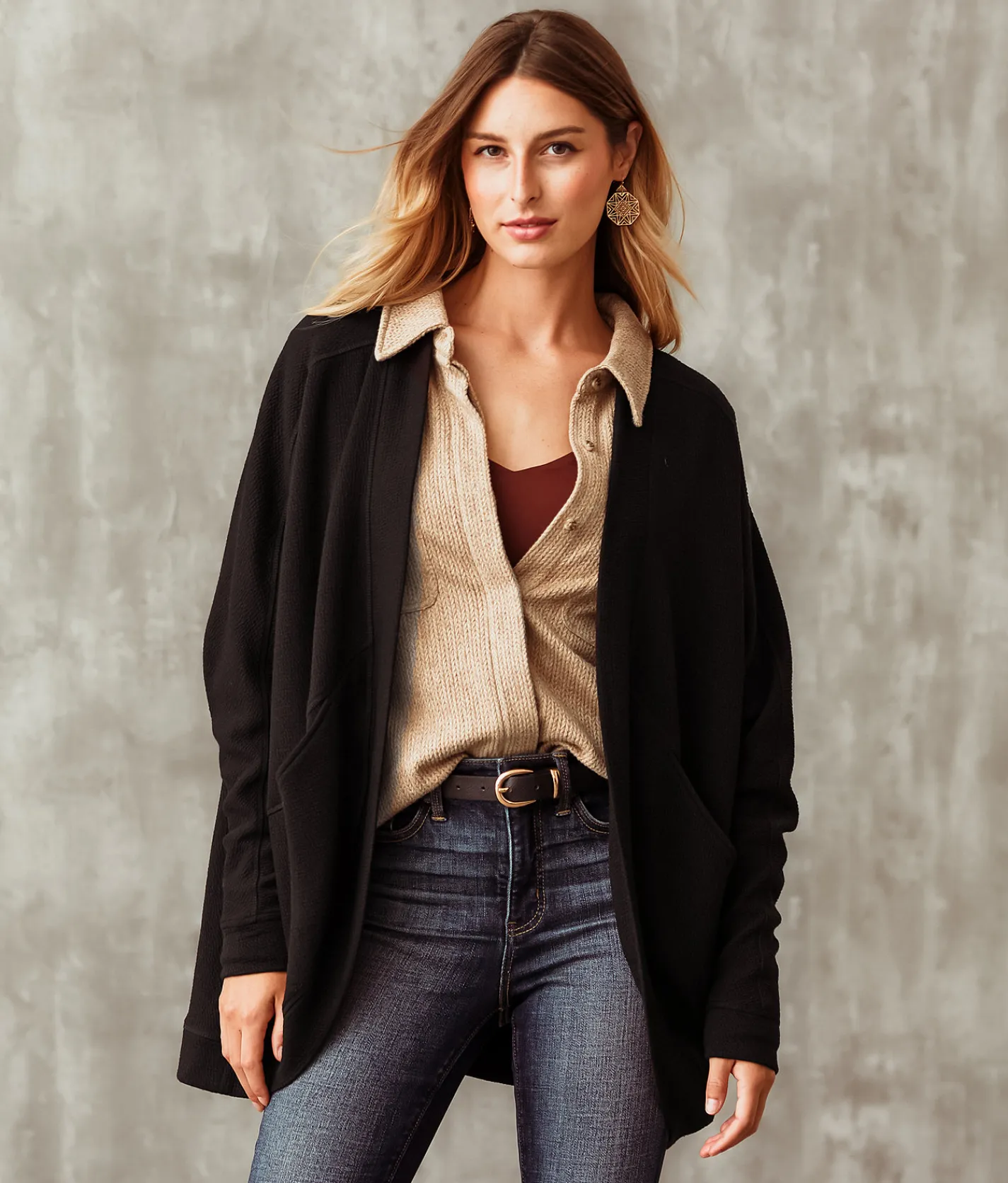 Buckle Black Textured Cocoon Cardigan Black