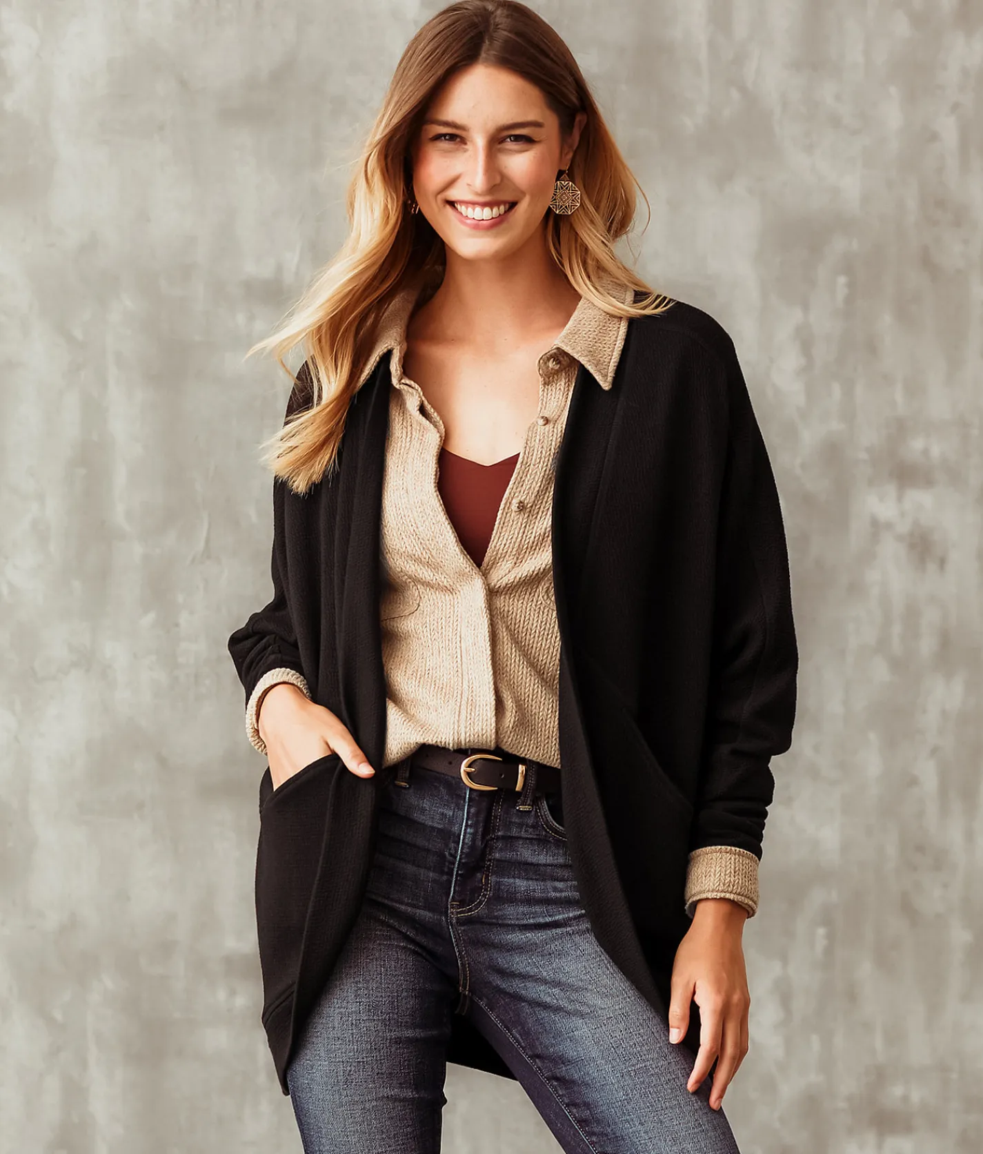 Buckle Black Textured Cocoon Cardigan Black