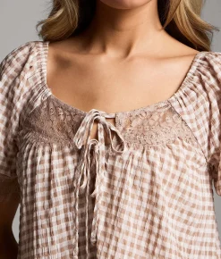 BKE Textured Gingham Top Beige Cream Best
