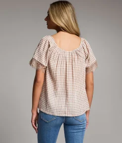 BKE Textured Gingham Top Beige Cream Best
