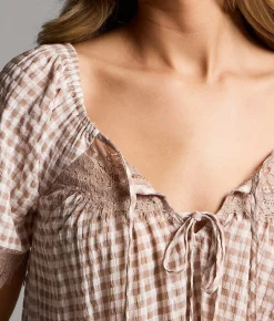 BKE Textured Gingham Top Beige Cream Best