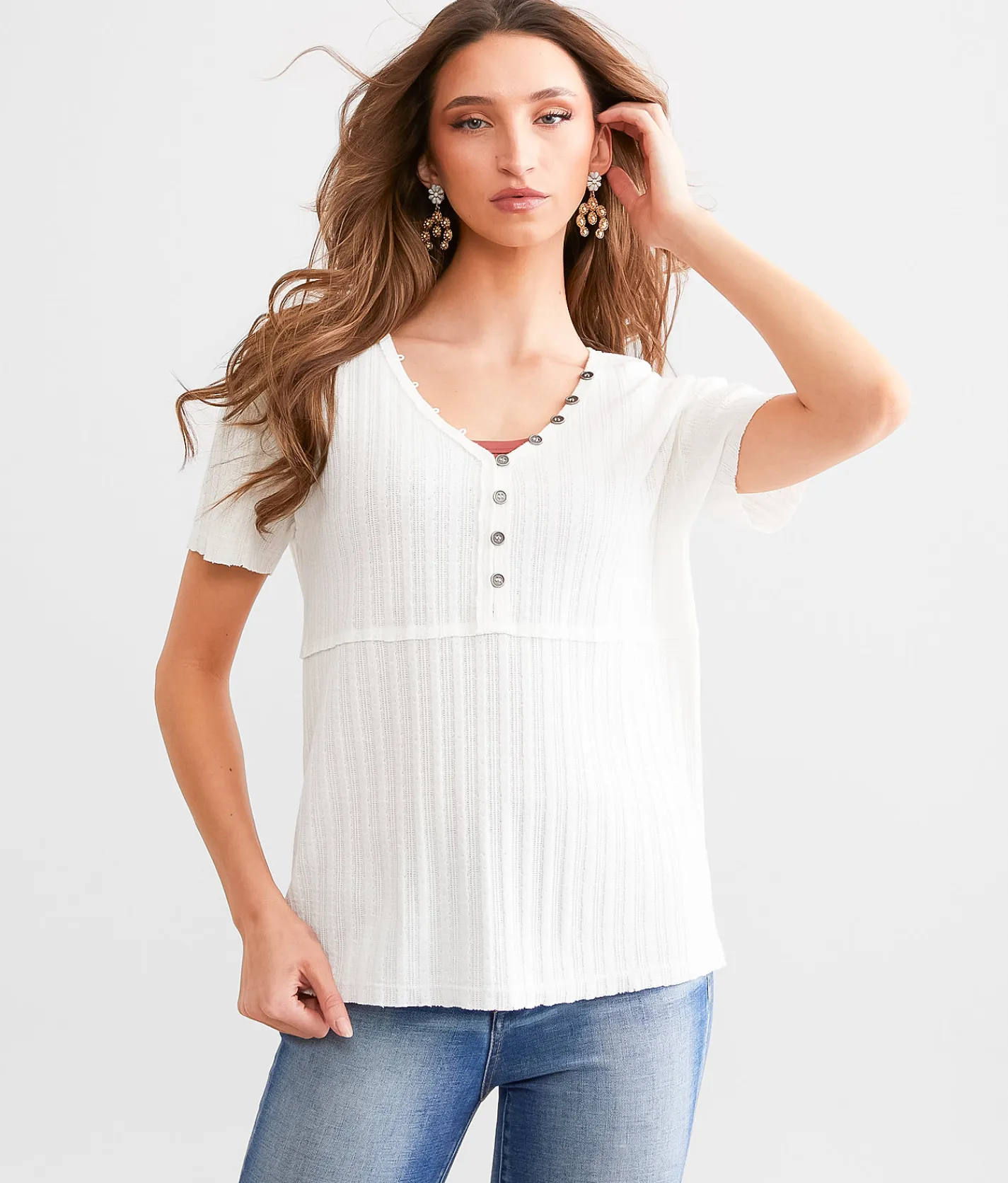 Tops | BKE Textured Knit Henley Aloe