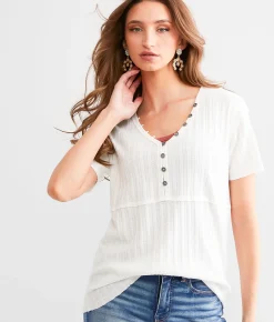 Tops | BKE Textured Knit Henley Aloe