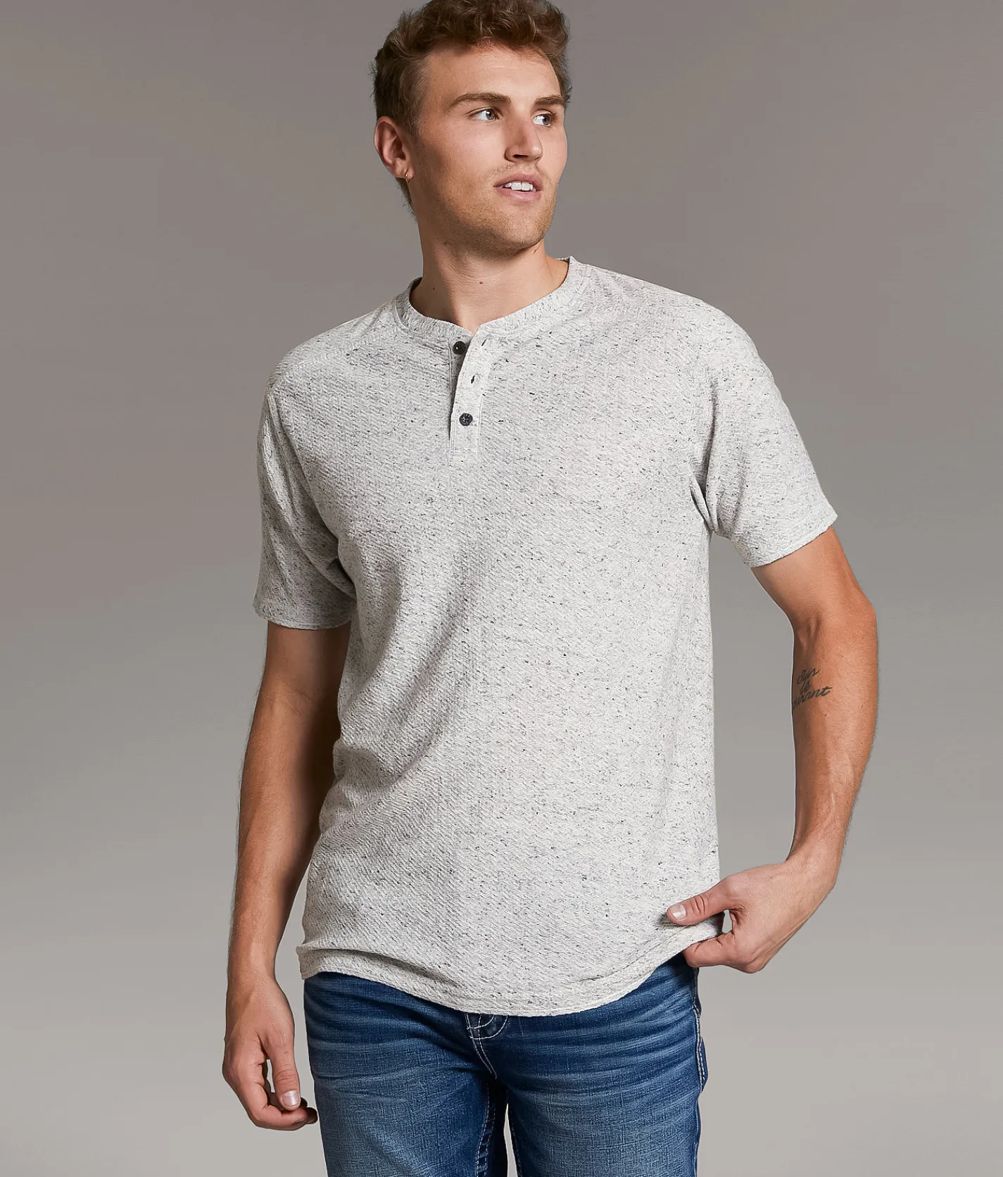 Tops | BKE Textured Knit Henley Grey Navy