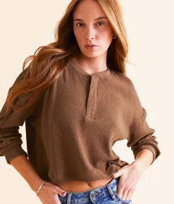 FITZ + EDDI Textured Knit Henley Cocoa Brown Discount
