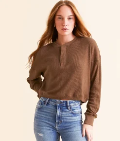 FITZ + EDDI Textured Knit Henley Cocoa Brown Discount
