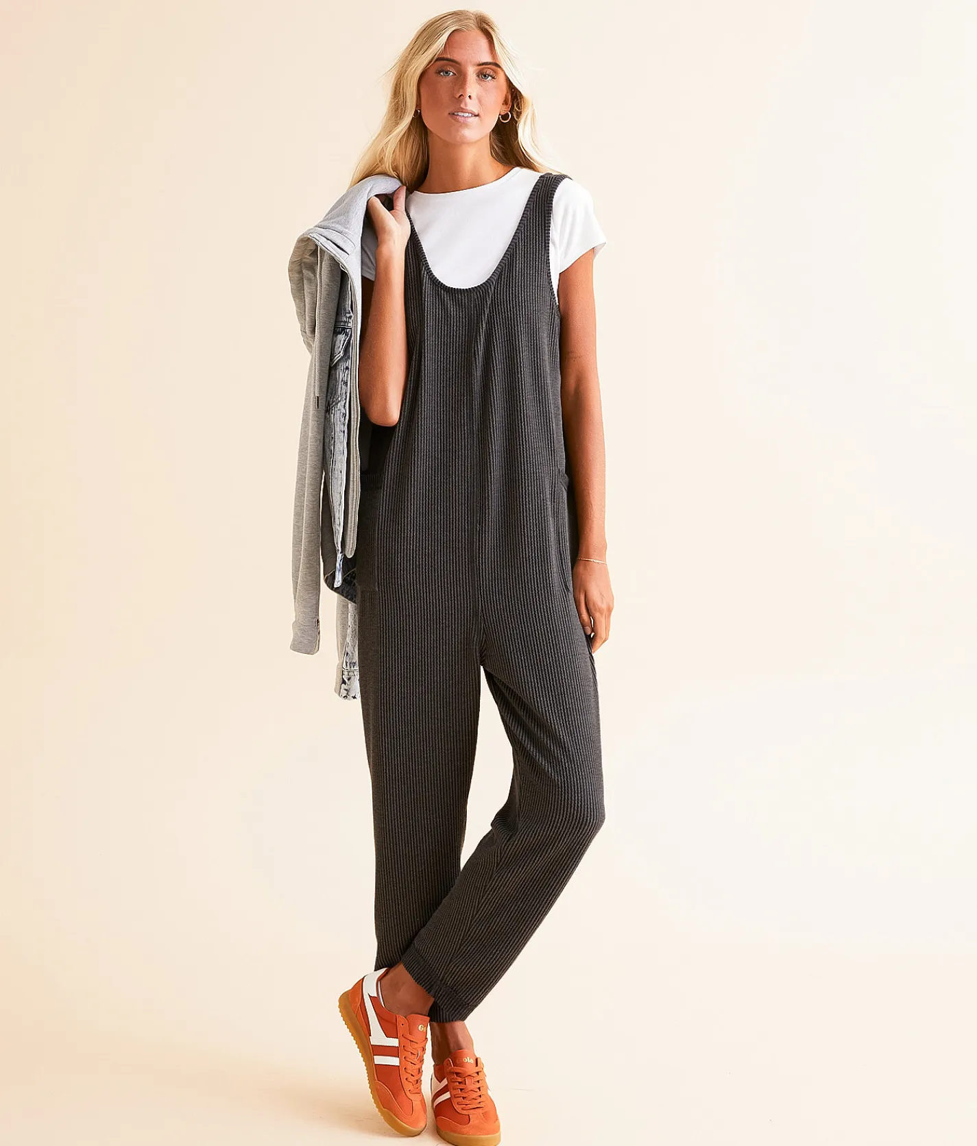 BKE Textured Knit Jumpsuit Charcoal Discount
