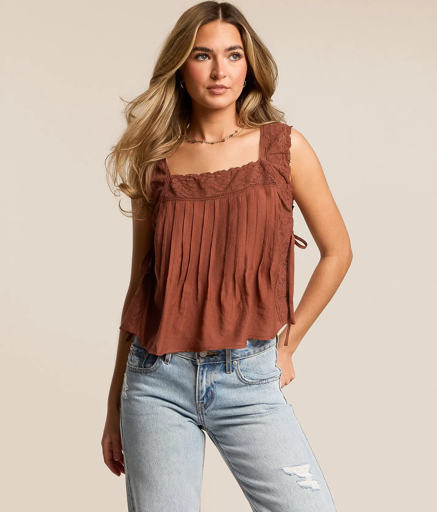 Tops | Willow & Root Textured Lace Trim Tank Top Rose Brown