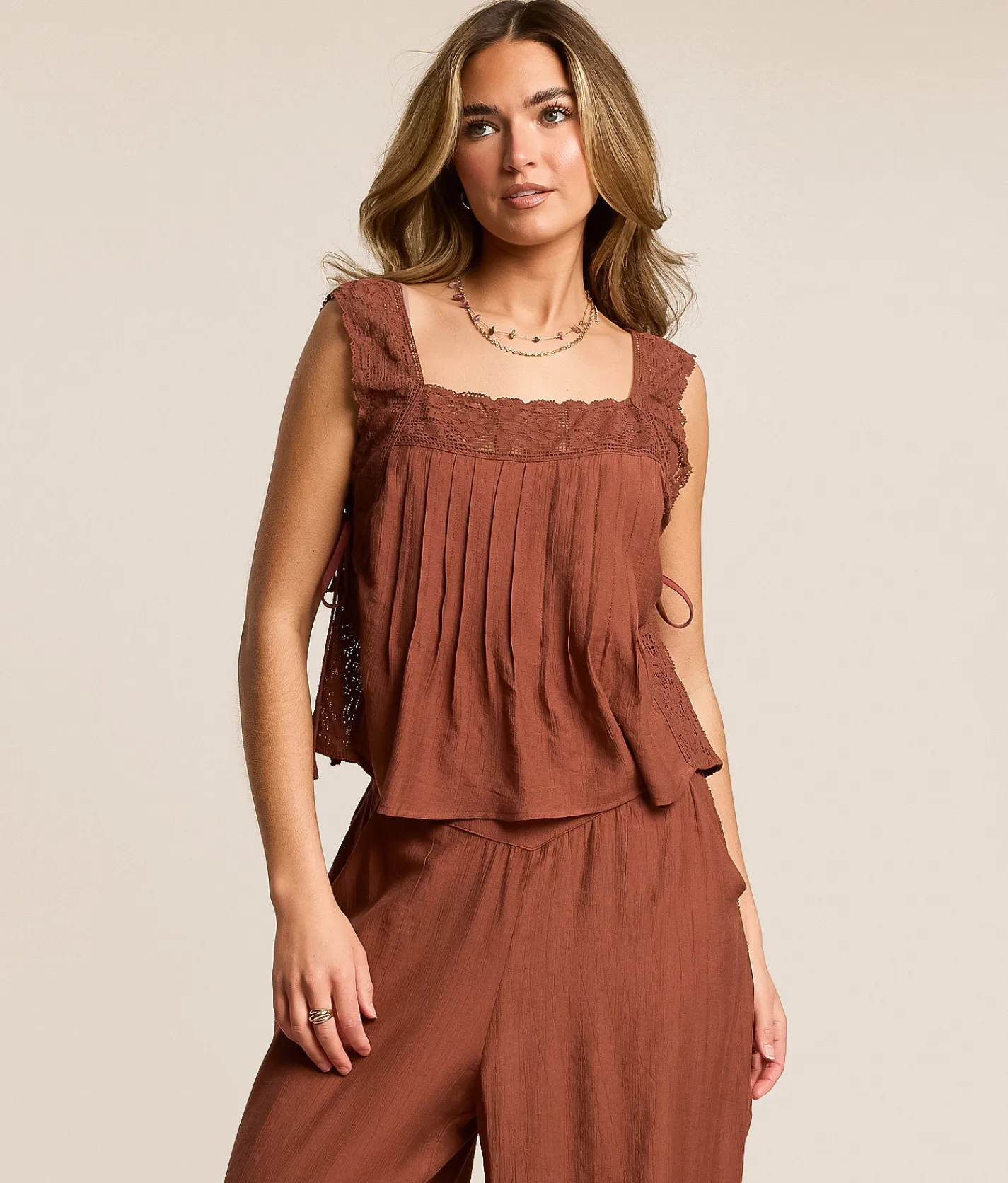 Tops | Willow & Root Textured Lace Trim Tank Top Rose Brown