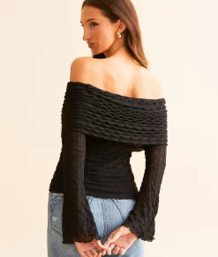 Willow & Root Textured Mesh Off The Shoulder Top Black Discount