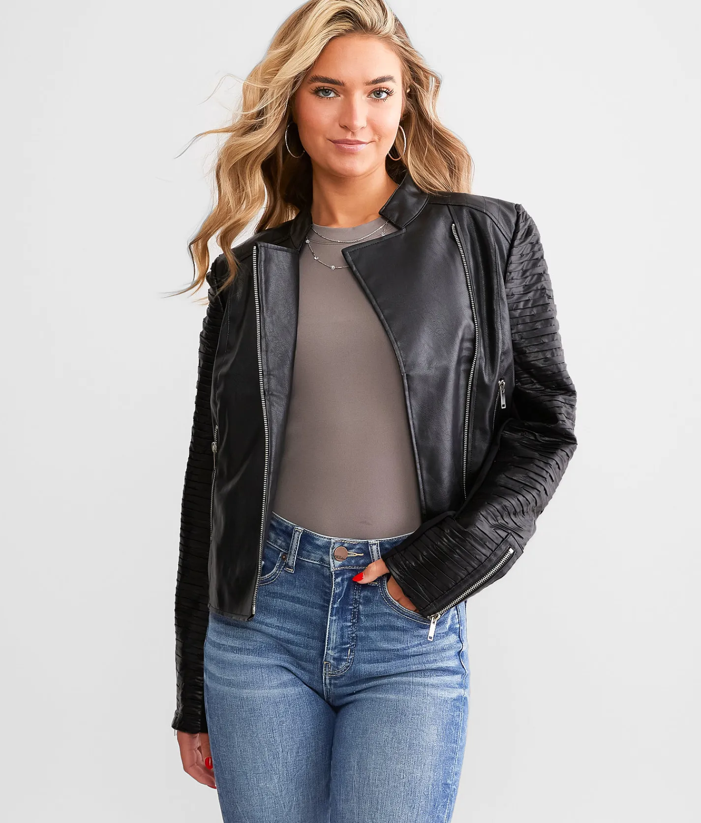 BKE Textured Mock Neck Moto Jacket Black New