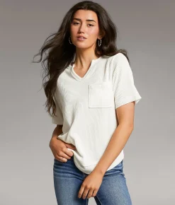 BKE Textured Notch Neck Top White Outlet