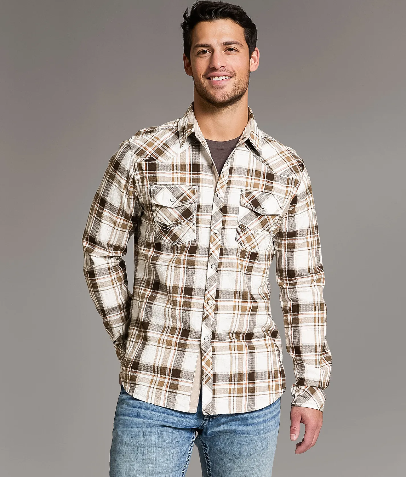 BKE Textured Plaid Athletic Shirt White Brown