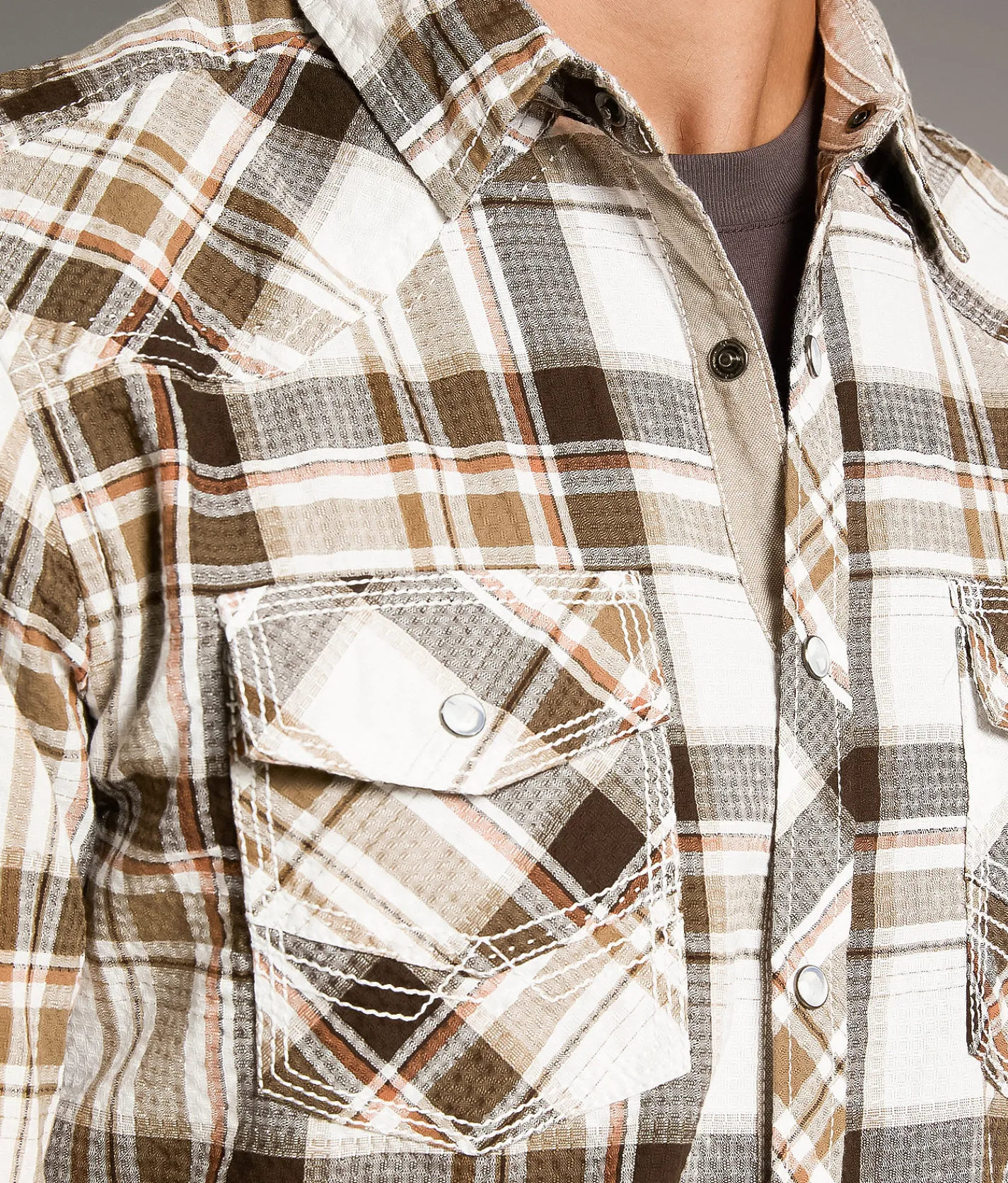 BKE Textured Plaid Athletic Shirt White Brown
