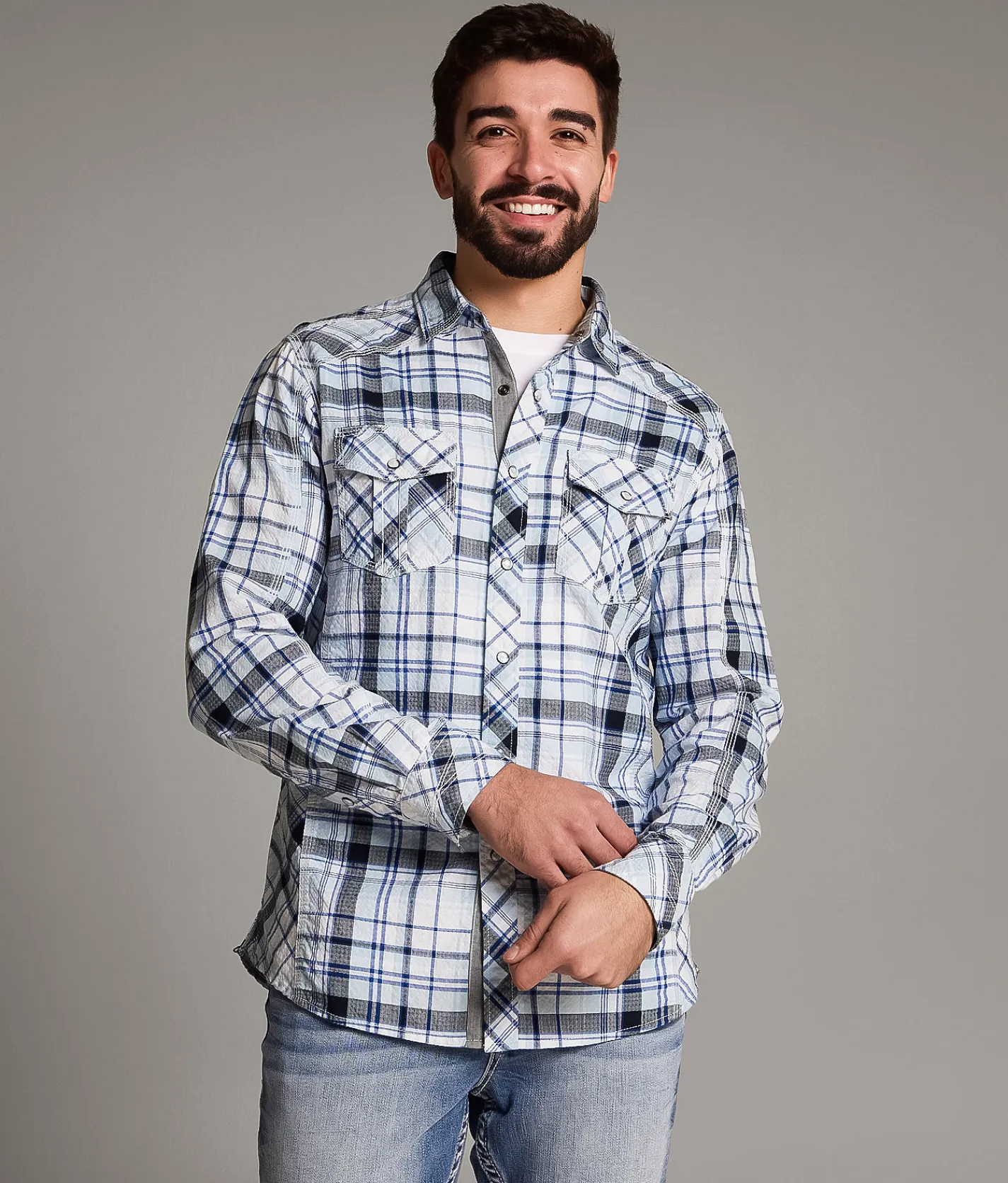 BKE Textured Plaid Standard Shirt Light Blue Navy Best