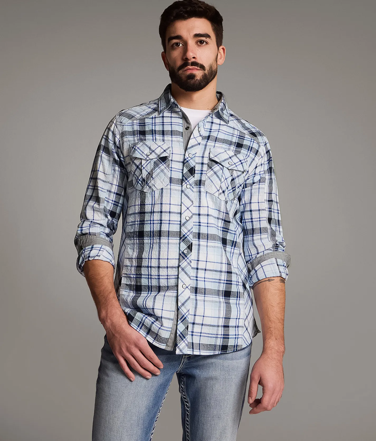 BKE Textured Plaid Standard Shirt Light Blue Navy Best