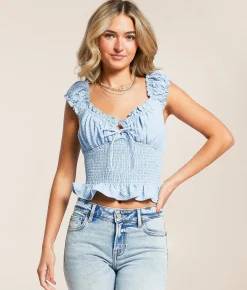 Lush Textured Ruffle Cropped Tank Top Blue Online