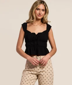 Lush Textured Ruffle Peplum Cropped Tank Top Black Online