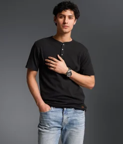 Outpost Makers Textured Snap Henley Black Discount