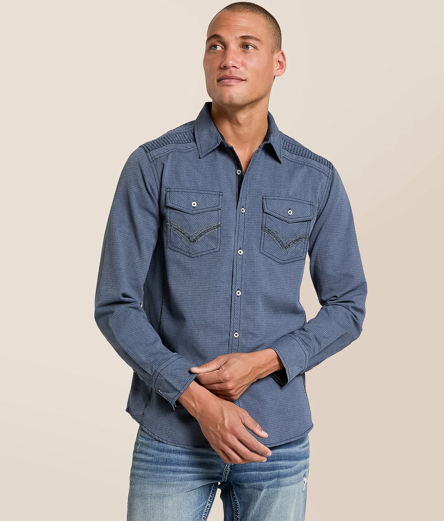 Buckle Black Textured Standard Shirt Blue Hot