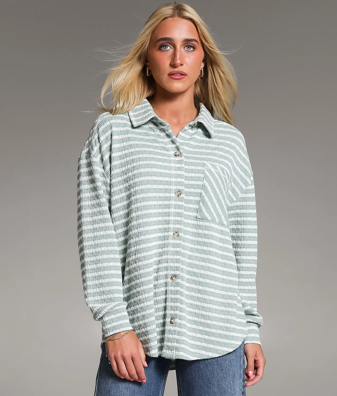 Tops | BKE Textured Stripe Shirt Sage Oat