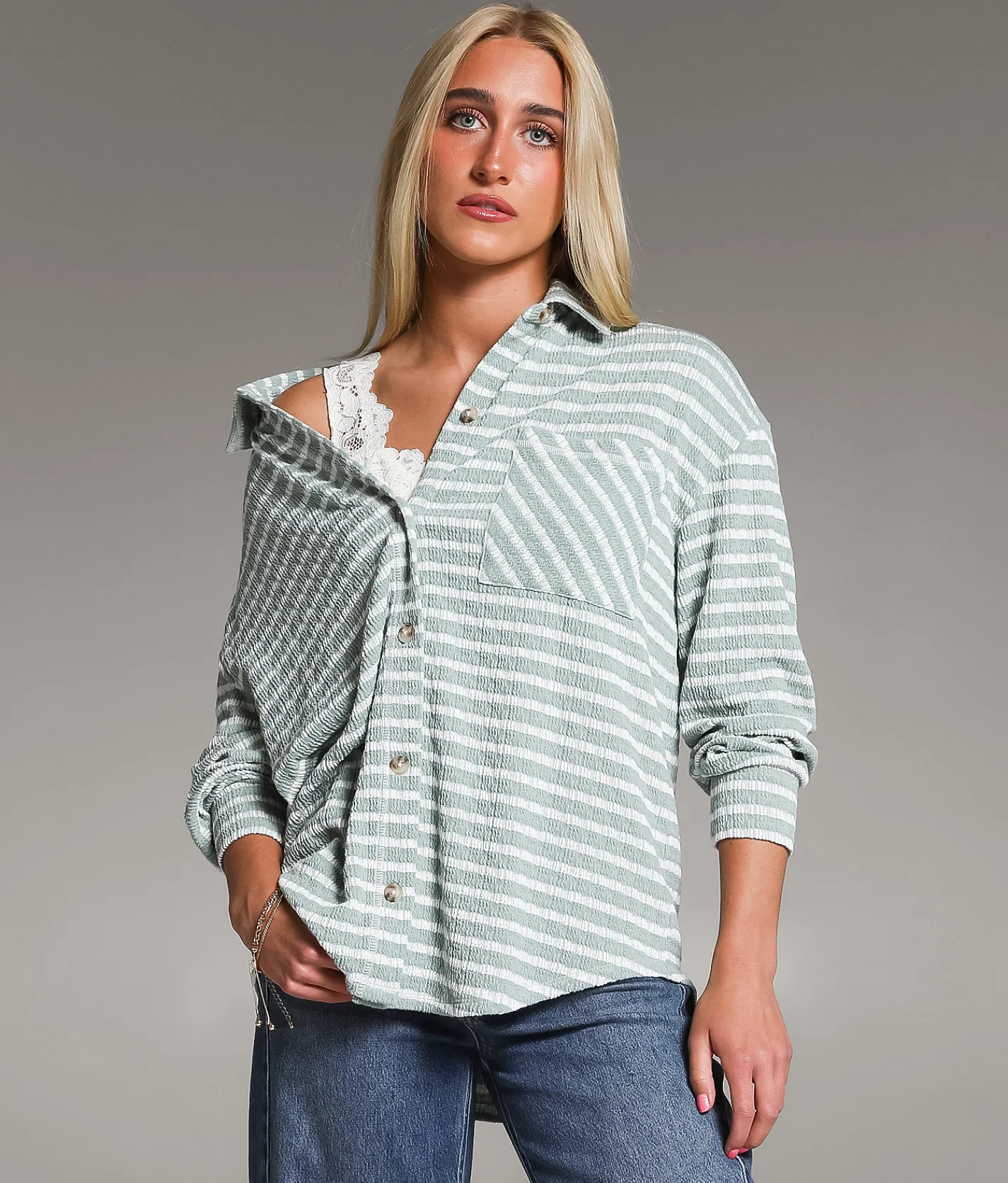 Tops | BKE Textured Stripe Shirt Sage Oat