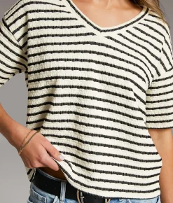 BKE Textured Stripe Top Cream Black New