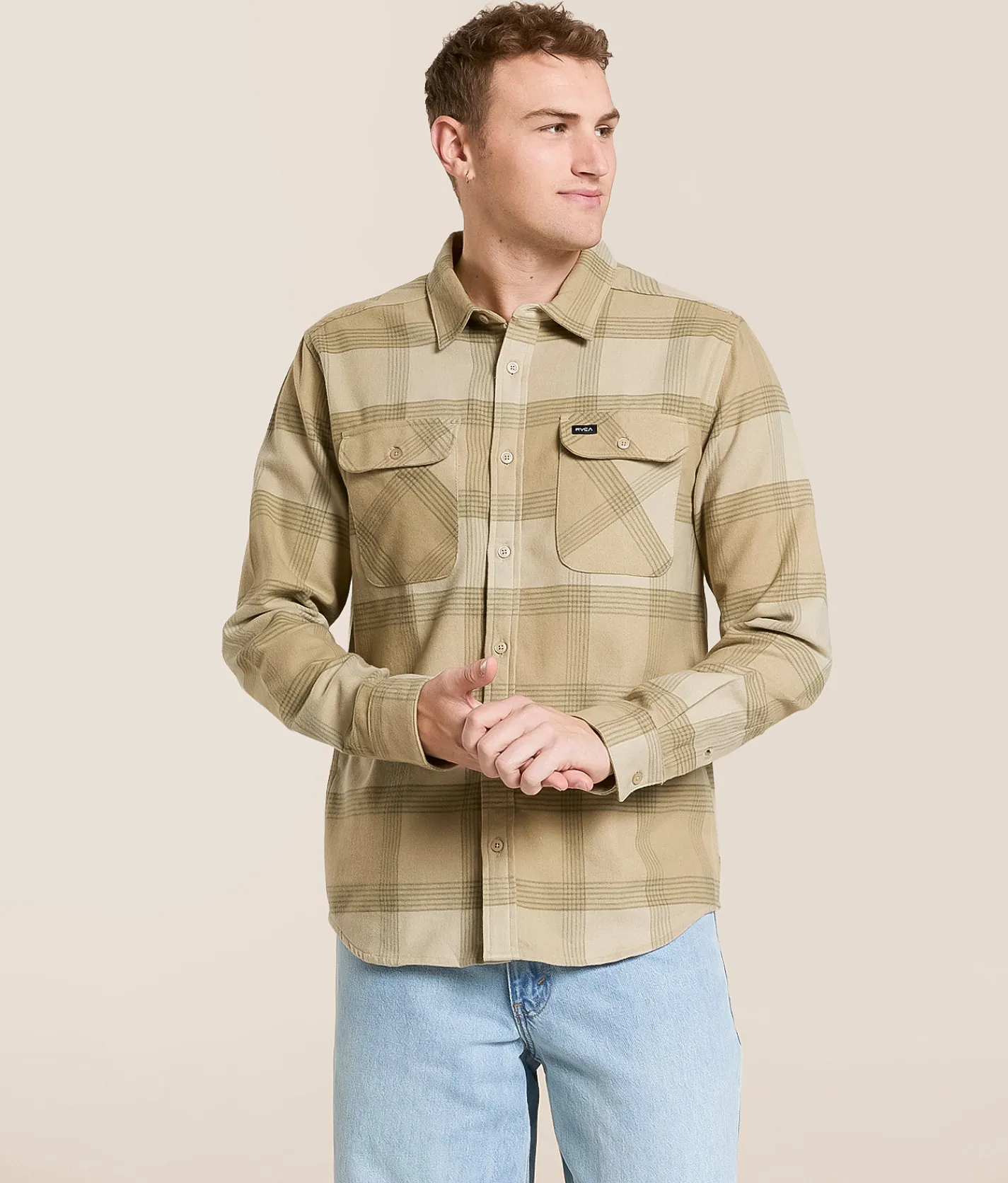 Tops | RVCA That'll Work Flannel Shirt Light Khaki