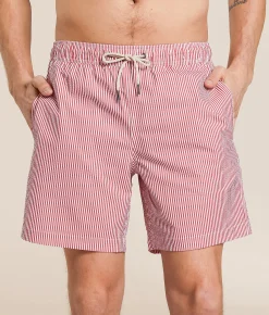 Fair Harbor The Bayberry Seersucker Swim Trunks Red Discount