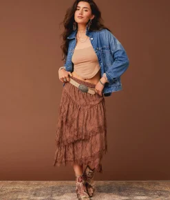 Gimmicks Tiered Eyelash Lace Midi Skirt Nutmeg Online