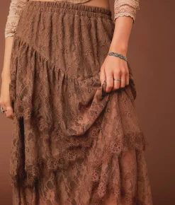 Gimmicks Tiered Eyelash Lace Midi Skirt Nutmeg Online