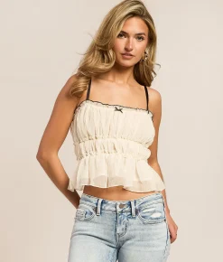 Tops | Lush Tiered Ruffle Peplum Cropped Tank Top Cream