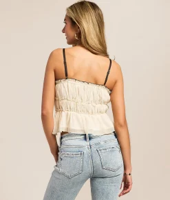 Tops | Lush Tiered Ruffle Peplum Cropped Tank Top Cream