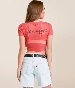 Tops | Ed Hardy Tiger Head Power Cropped Baby T-Shirt Sorbet