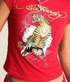 Ed Hardy Tiger Mountain Cropped Baby T-Shirt Cherry Hot