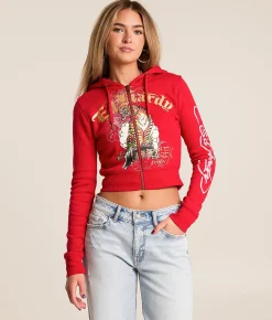 Ed Hardy Tiger Mountain Y2K Cropped Hoodie Red Best