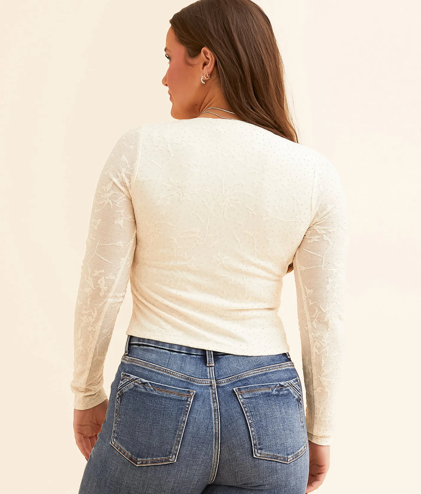 Willow & Root Tonal Embroidered Rhinestone Top Cream