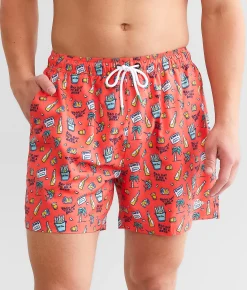 Old Row Tropical Cooler Stretch Swim Trunks Neon Coral Clearance