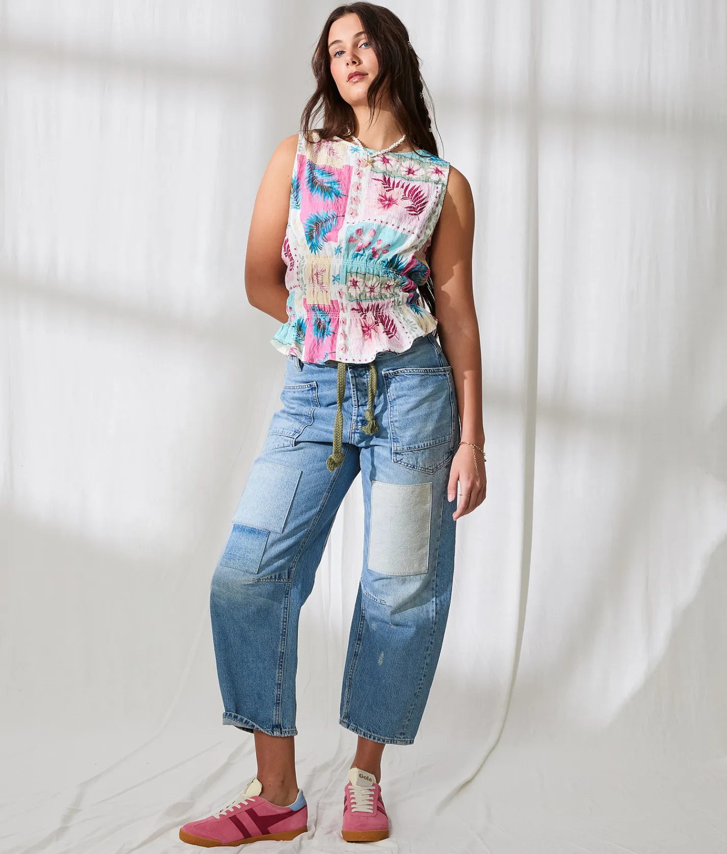33 Coastal Tropical Shirred Peplum Tank Top Multi Print Sale