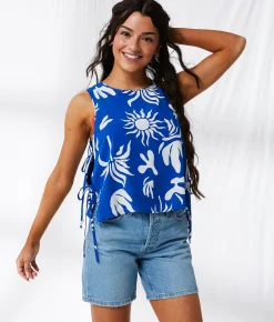 Tops | 33 Coastal Tropical Side Tie Tank Top Blue