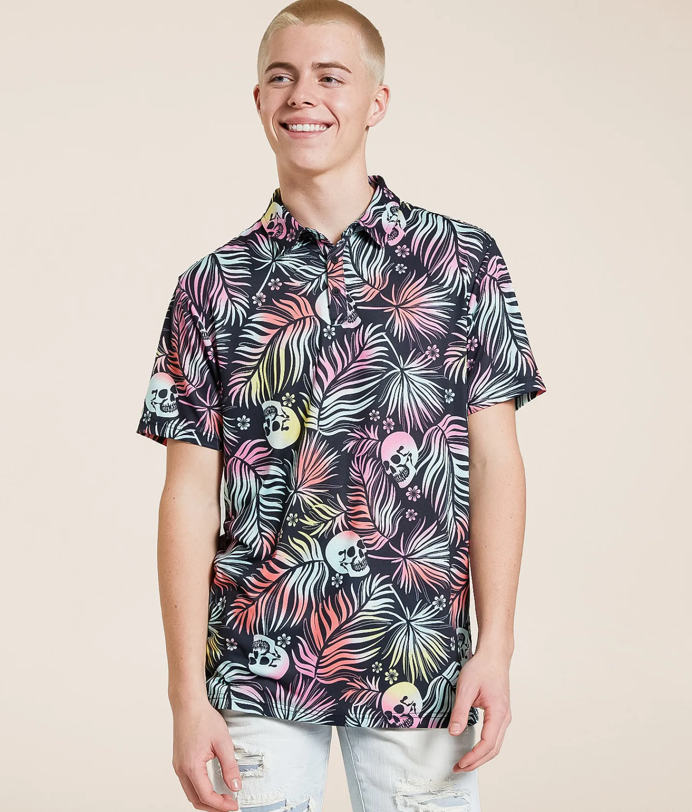 Tops | Departwest Tropical Skull Performance Polo Black Skulls