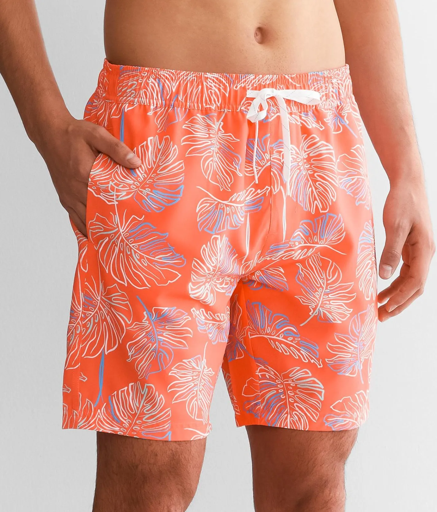 Bottoms|Swimwear | Departwest Tropical Stretch Swim Trunks Bright Coral
