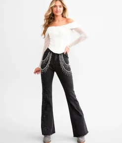 Blue B Ultra High Rise Rhinestone Fringe Flare Stretch Jean Washed Black Sale