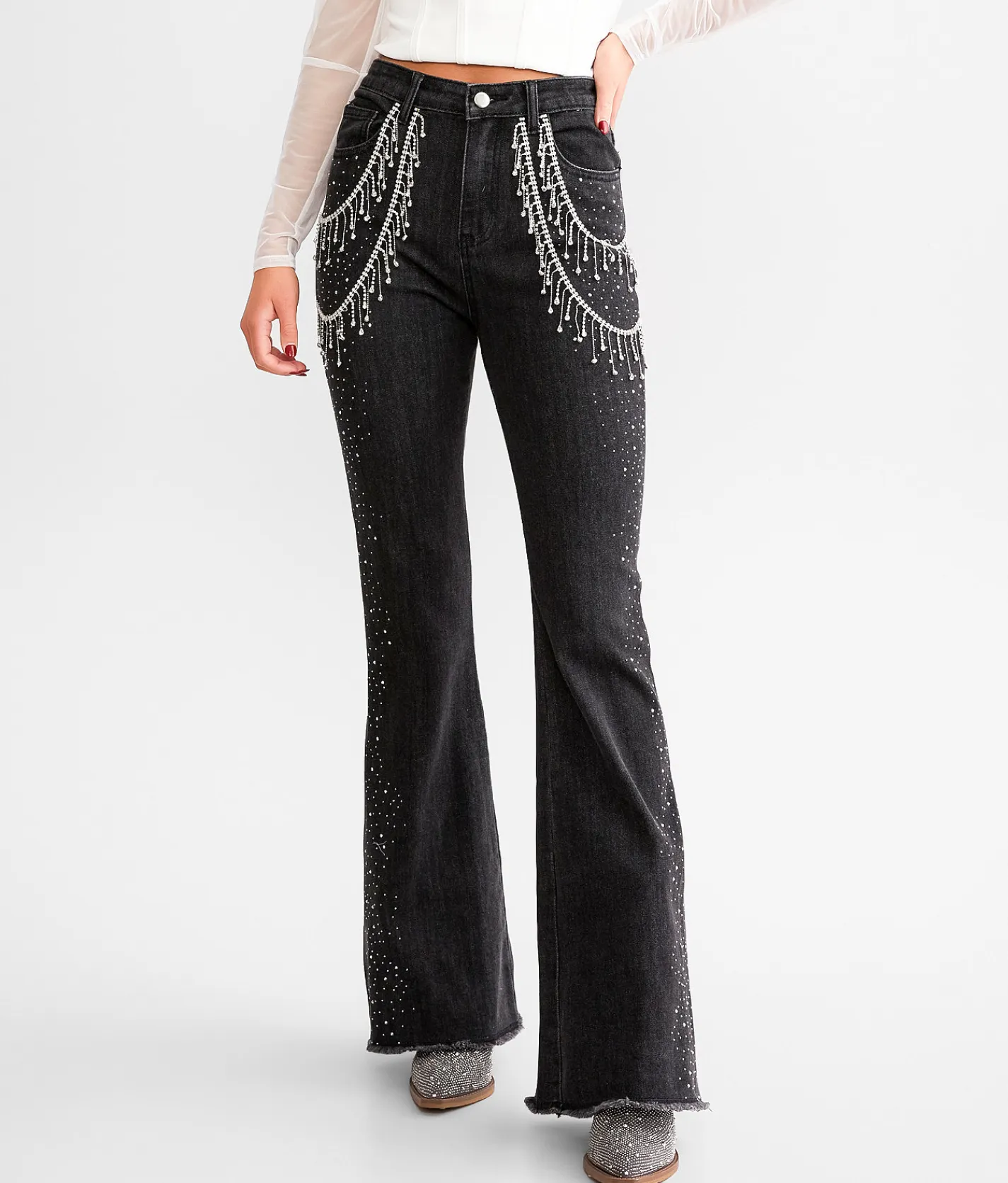 Blue B Ultra High Rise Rhinestone Fringe Flare Stretch Jean Washed Black Sale